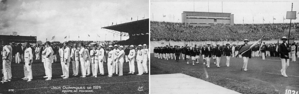 zestawione dwa zdjęcia, na obu grupa ludzi ubranych w stroje polskiej reprezentacji olimpijskiej na stadionie - po lewej zdjęcie z 1924, po prawej modele z 1928 roku